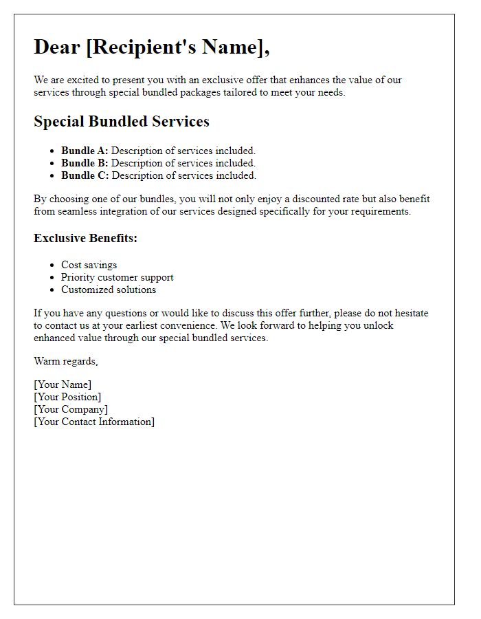 Letter template of special bundled services for enhanced value