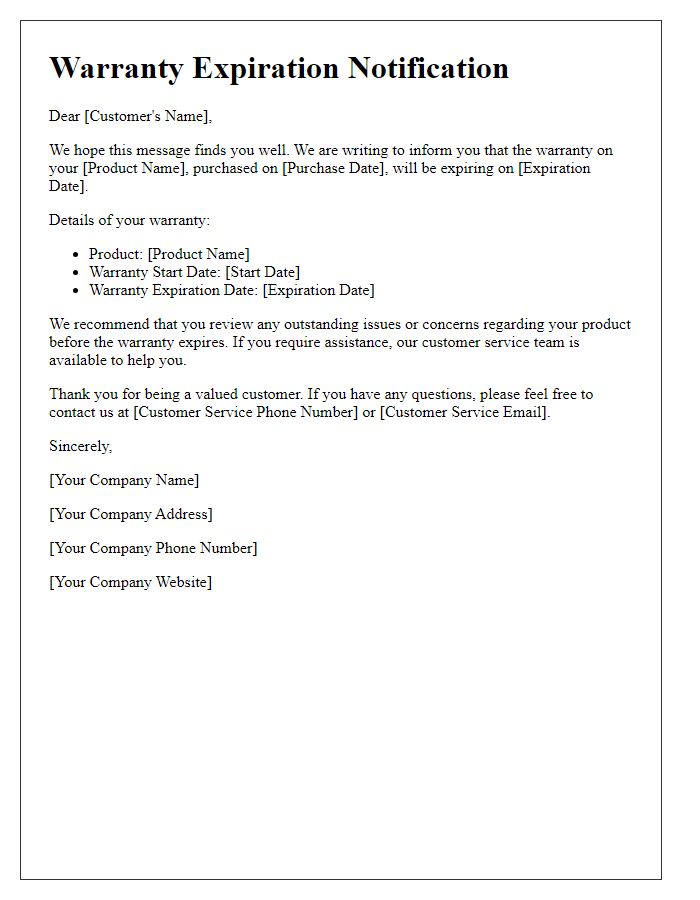 Letter template of warranty expiration communication