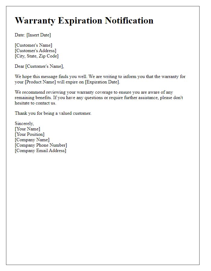 Letter template of warranty expiration notification