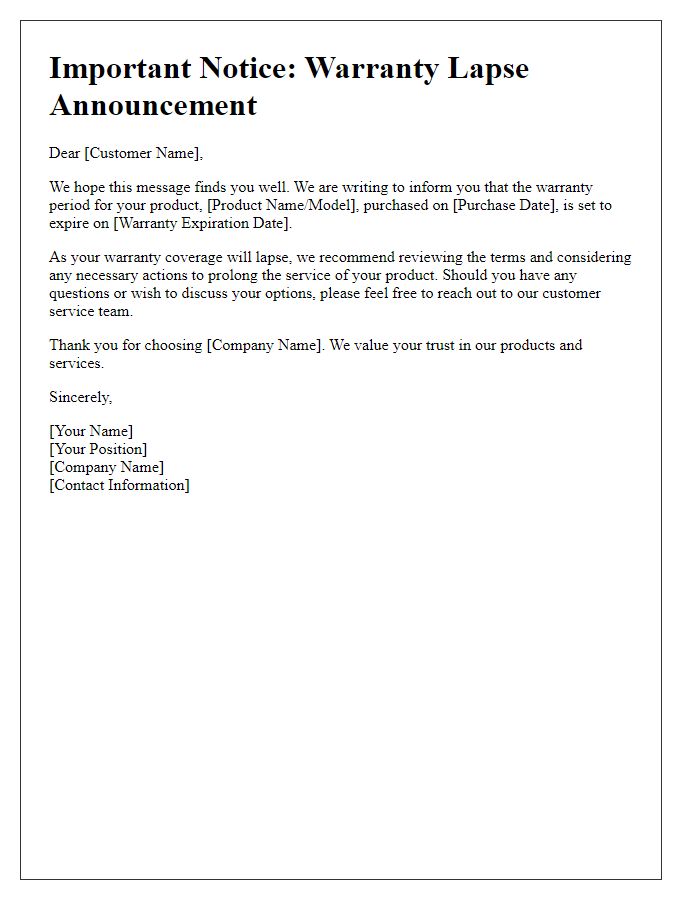 Letter template of warranty lapse announcement