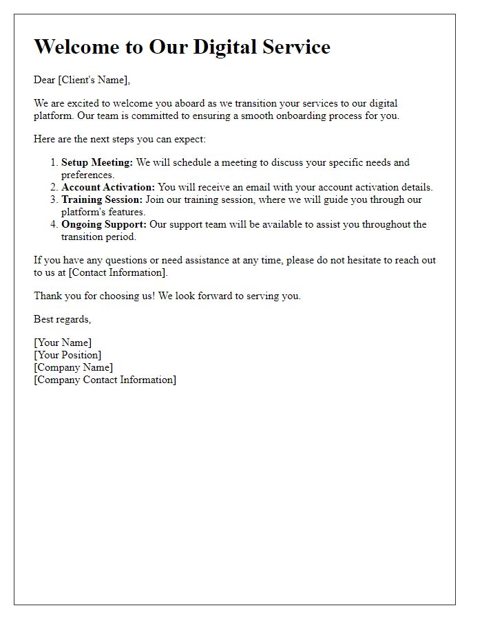 Letter template of digital service transition for client onboarding.