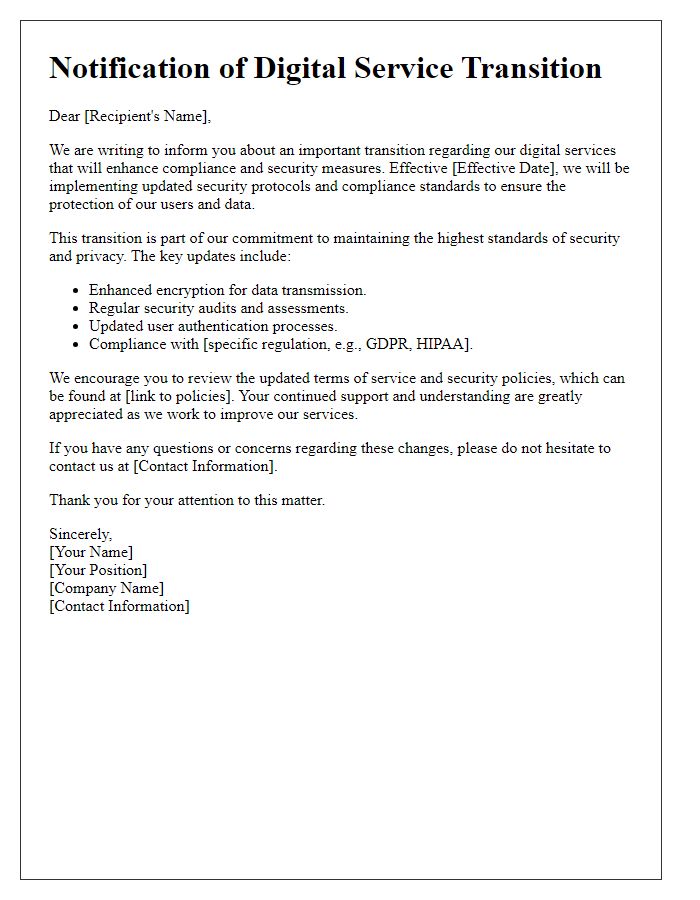 Letter template of digital service transition for compliance and security updates.