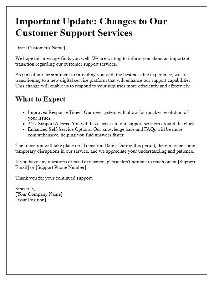 Letter template of digital service transition for customer support changes.