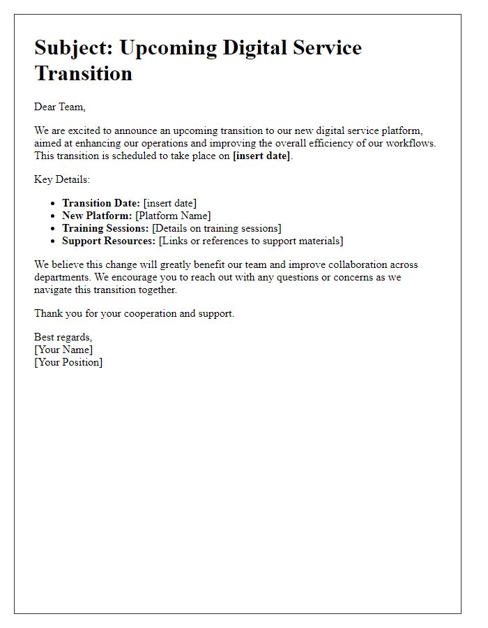 Letter template of digital service transition for internal team communication.