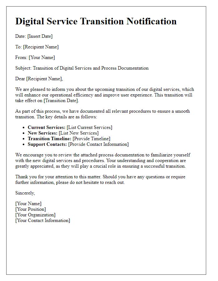 Letter template of digital service transition for process documentation.