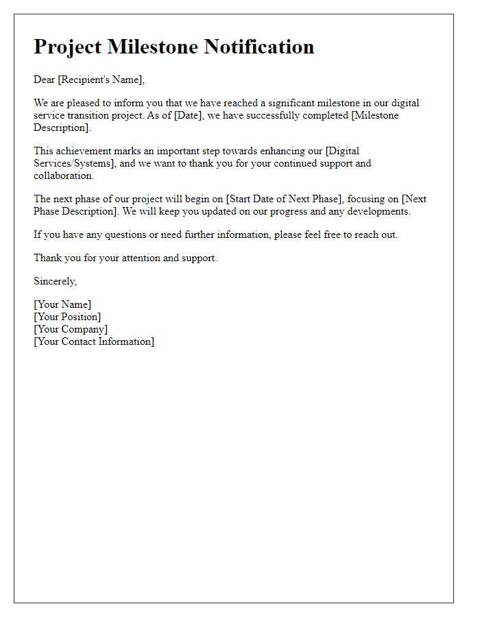 Letter template of digital service transition for project milestone notifications.