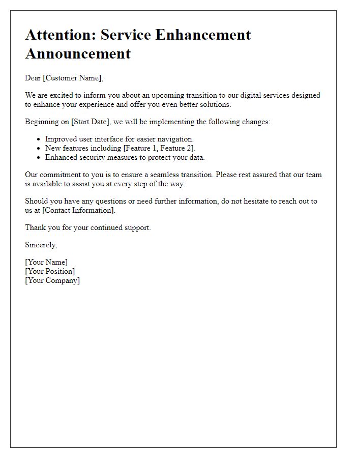 Letter template of digital service transition for service enhancement announcements.