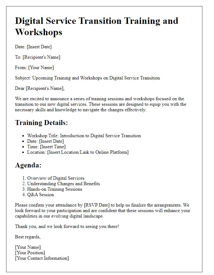 Letter template of digital service transition for training and workshops.