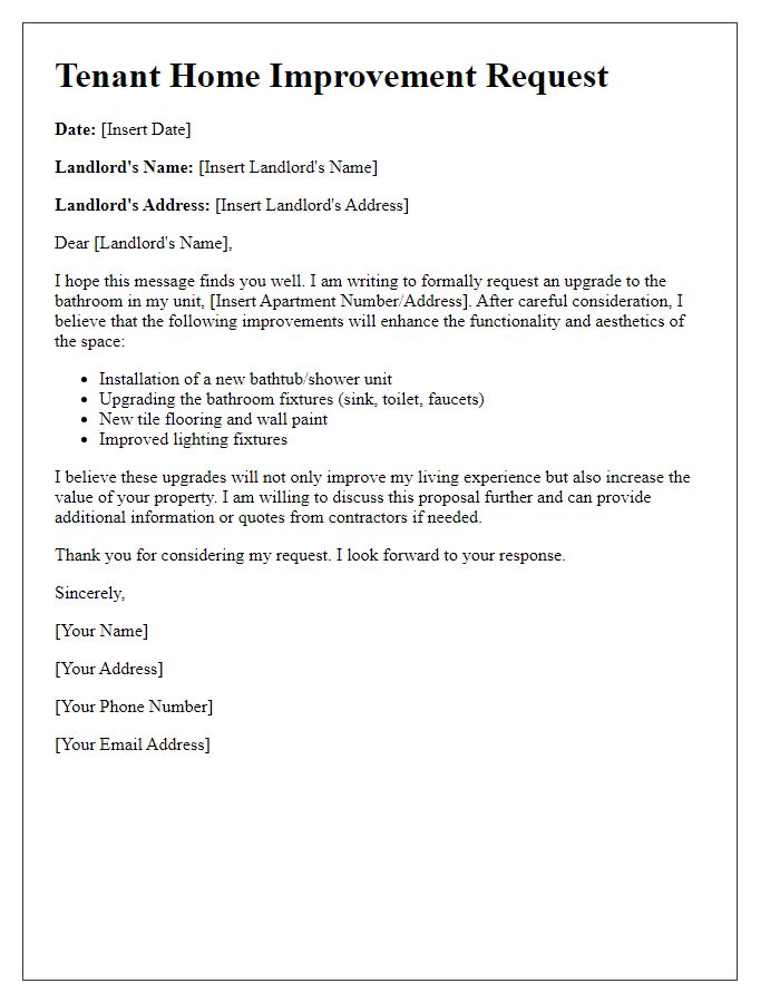 Letter template of tenant home improvement request for bathroom upgrade