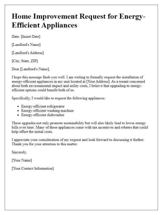 Letter template of tenant home improvement request for energy-efficient appliances