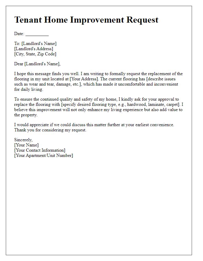 Letter template of tenant home improvement request for flooring replacement