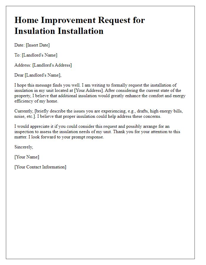 Letter template of tenant home improvement request for insulation installation