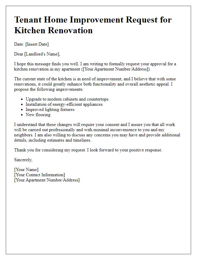 Letter template of tenant home improvement request for kitchen renovation