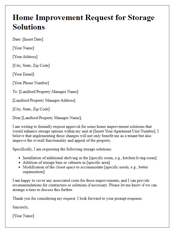 Letter template of tenant home improvement request for storage solutions