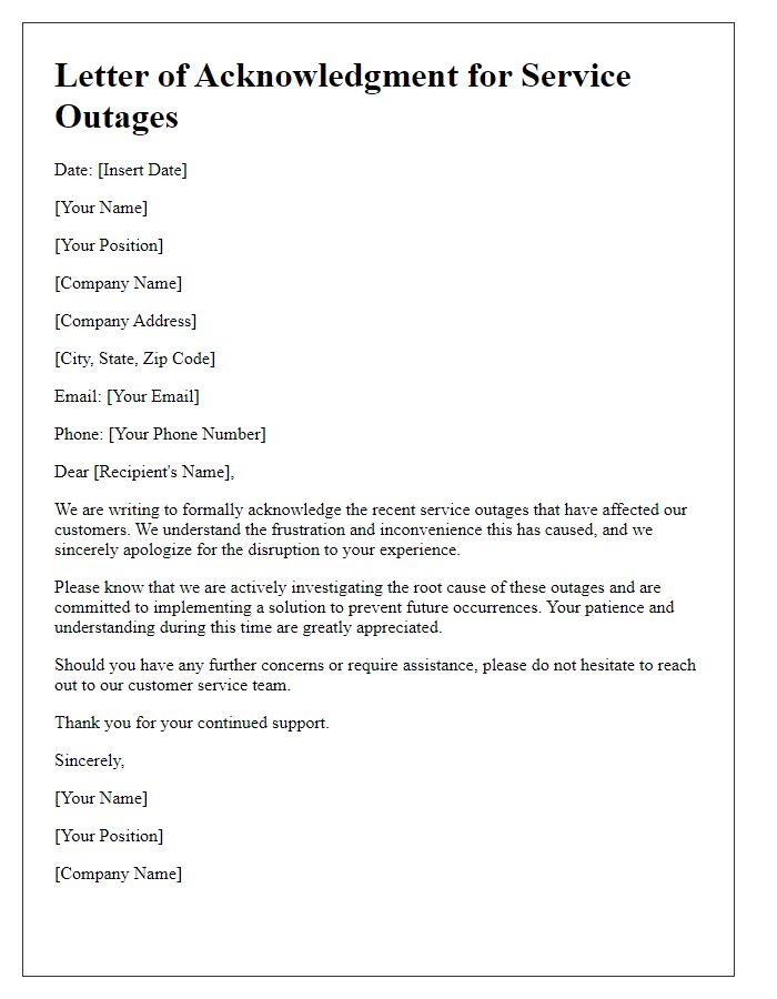 Letter template of acknowledgment for repeated service outages.