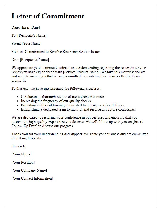 Letter template of commitment to resolve recurring service issues.