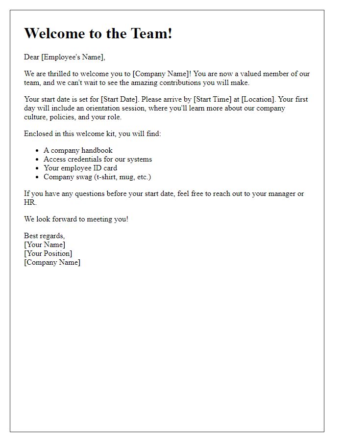 Letter template of new employee welcome kit