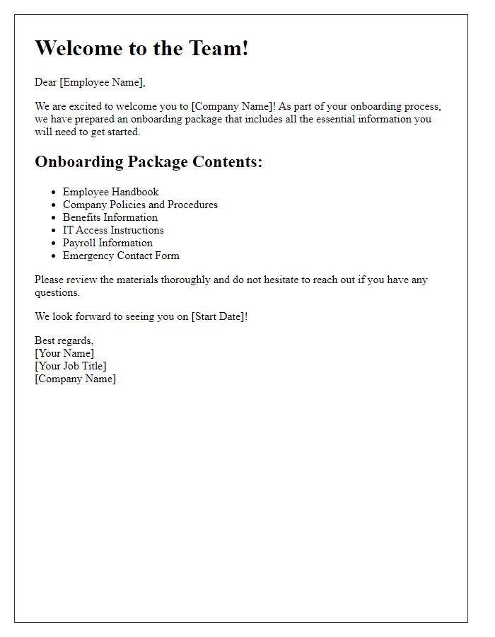 Letter template of onboarding package information