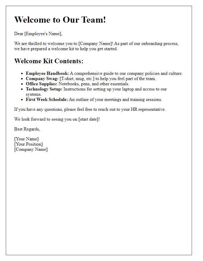 Letter template of welcome kit details