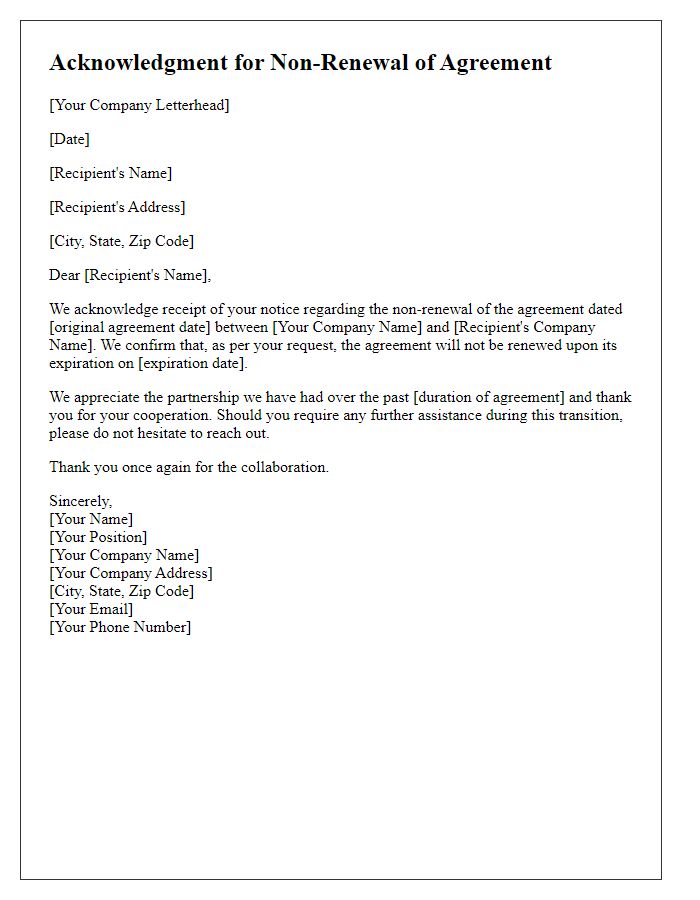 Letter template of Acknowledgment for Non-Renewal of Agreement