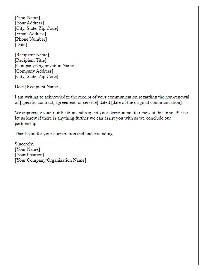 Letter template of Acknowledgment of Non-Renewal Communication