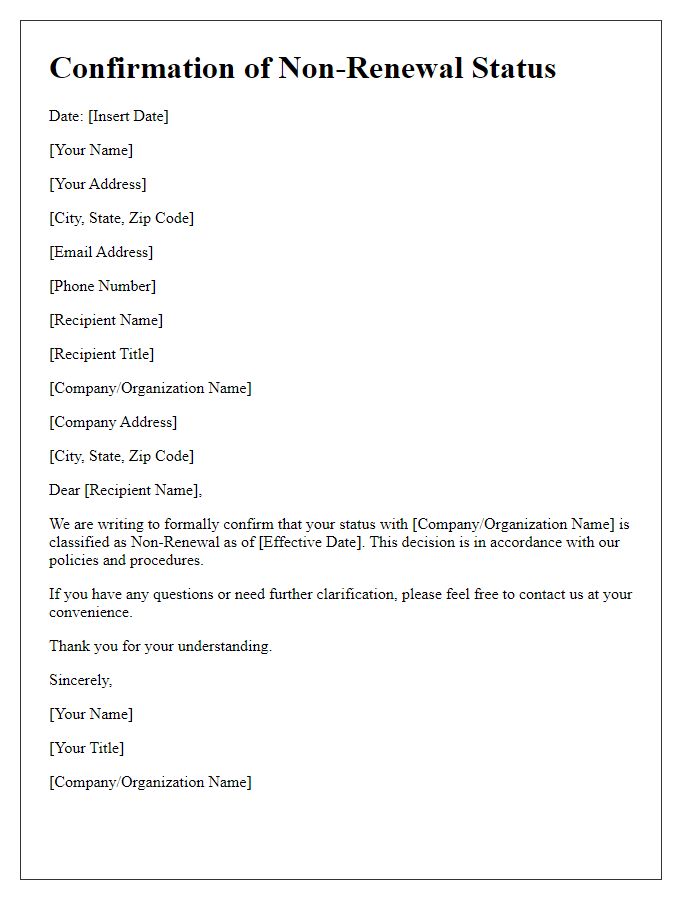 Letter template of Confirmation of Non-Renewal Status