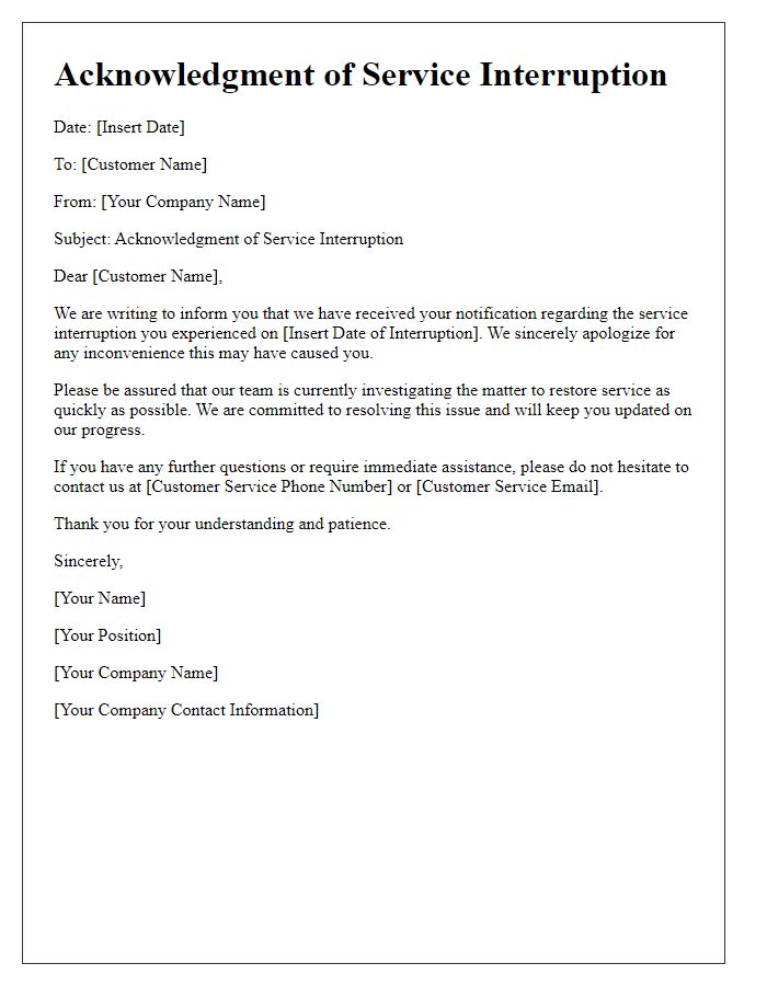 Letter template of Acknowledgment of Service Interruption