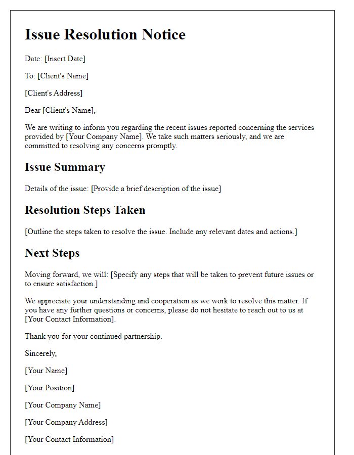 Letter template of Issue Resolution Notice for Services