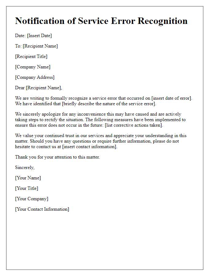 Letter template of Notification of Service Error Recognition