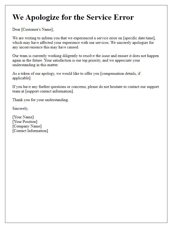 Letter template of Service Error Apology Notification