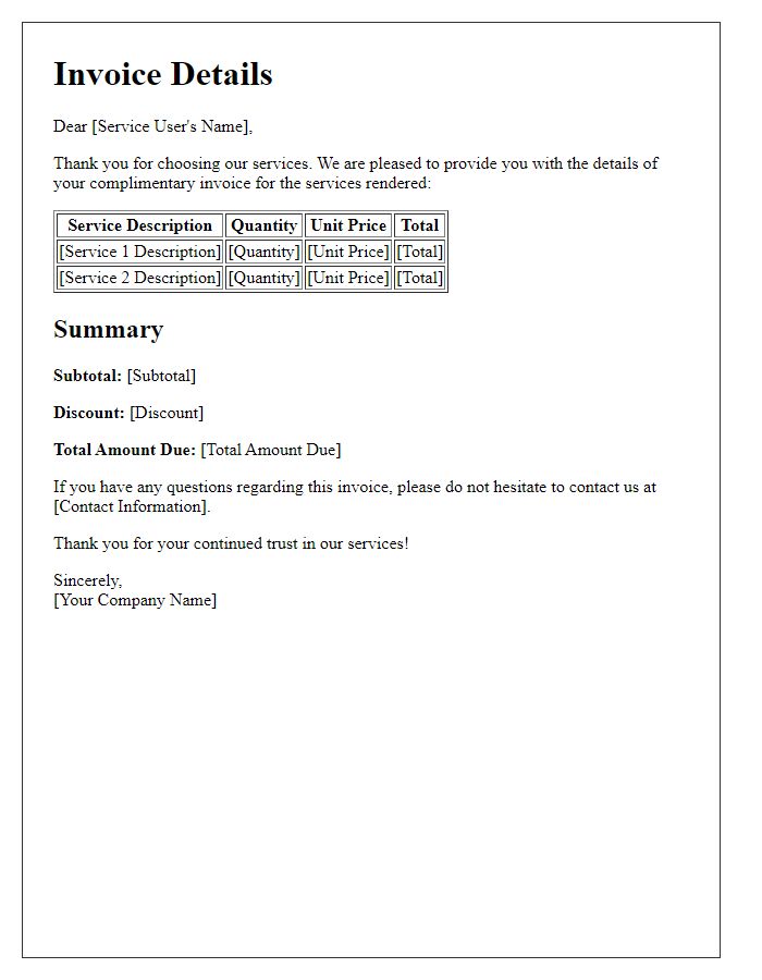 Letter template of complimentary invoice details for service users.