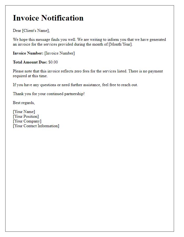 Letter template of zero fee invoice notification for clients.