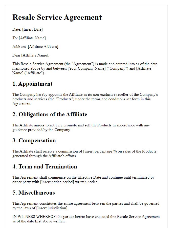 Letter template of Resale Service Agreement for Affiliate Programs