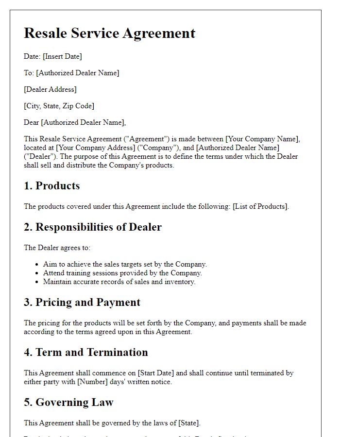 Letter template of Resale Service Agreement for Authorized Dealers