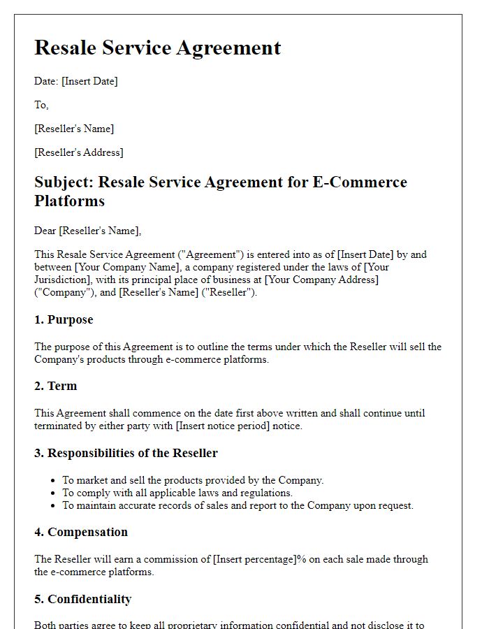 Letter template of Resale Service Agreement for E-Commerce Platforms