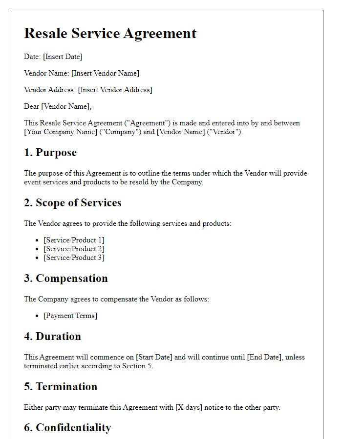 Letter template of Resale Service Agreement for Event Vendors