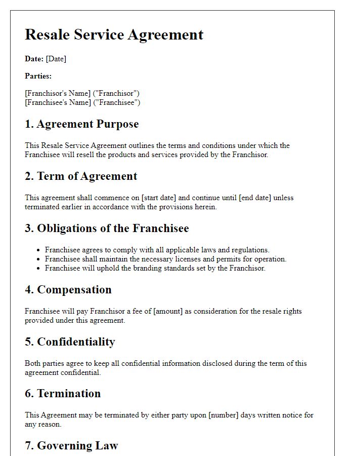 Letter template of Resale Service Agreement for Franchise Operations