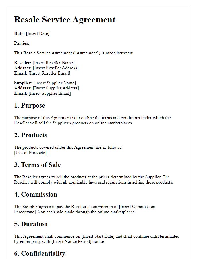 Letter template of Resale Service Agreement for Online Marketplaces