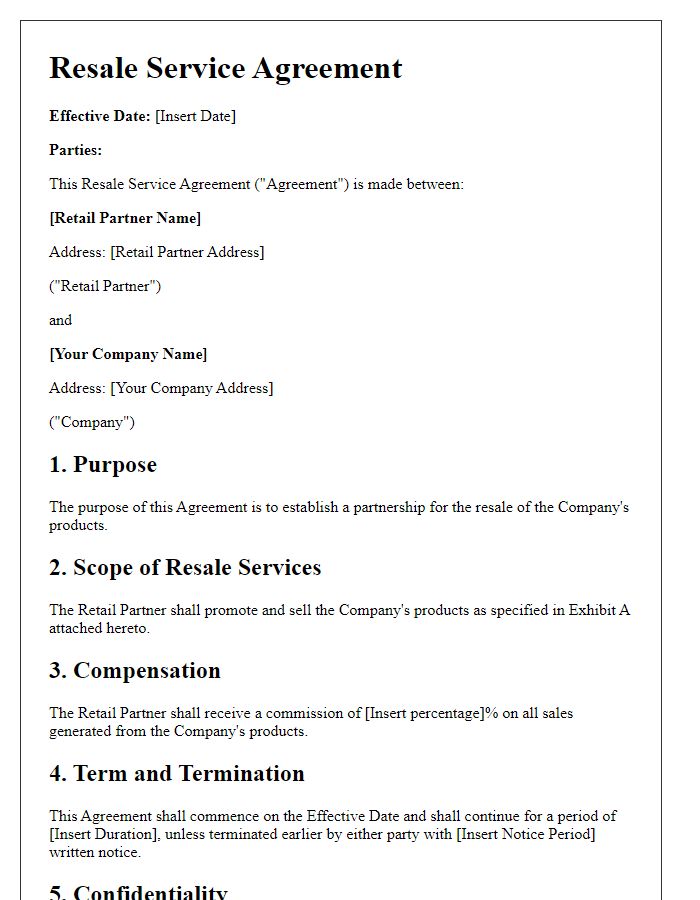 Letter template of Resale Service Agreement for Retail Partnerships