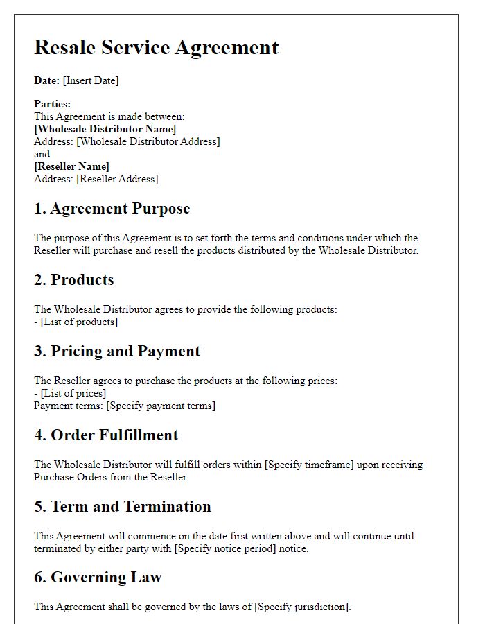 Letter template of Resale Service Agreement for Wholesale Distribution