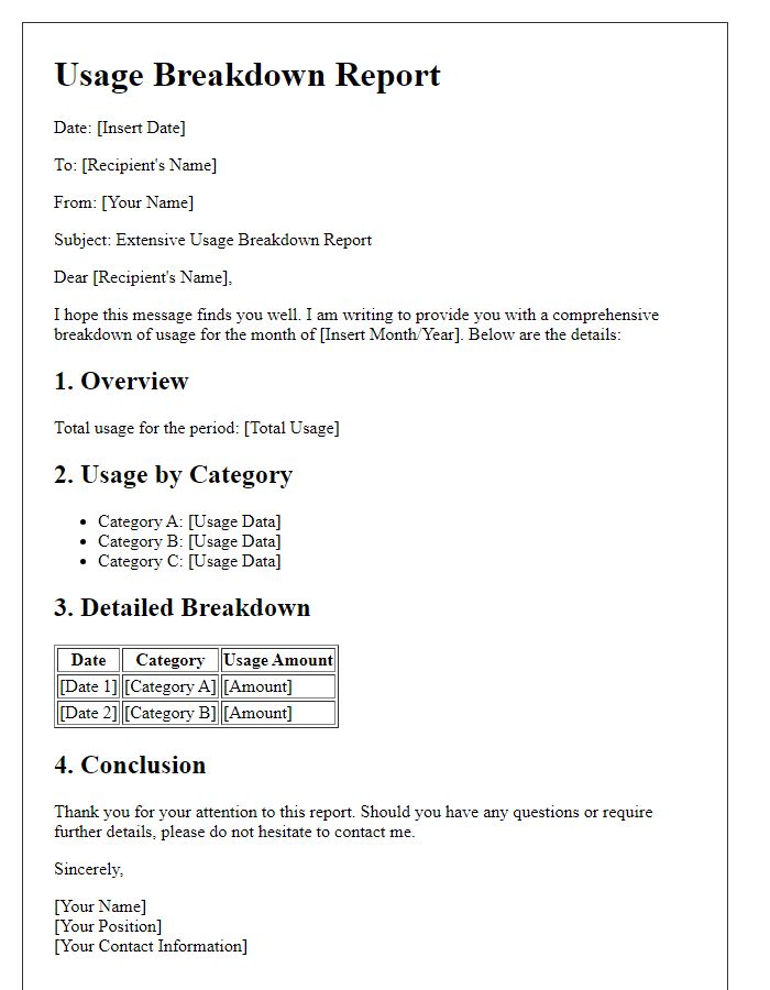 Letter template of extensive usage breakdown