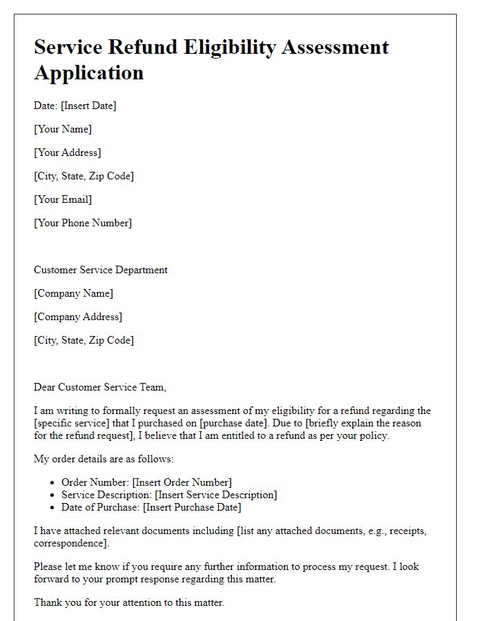 Letter template of application for service refund eligibility assessment