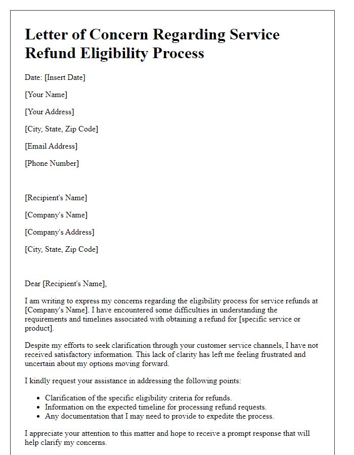 Letter template of concern regarding service refund eligibility process