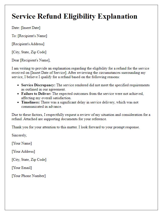 Letter template of explanation for service refund eligibility situation