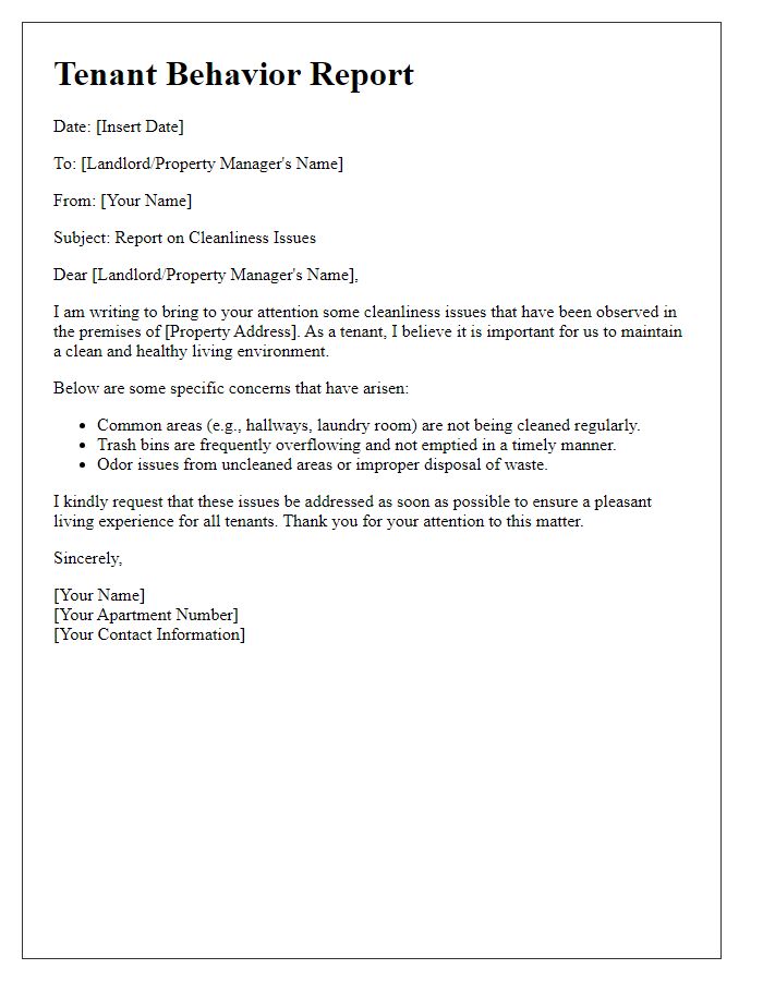 Letter template of tenant behavior report regarding cleanliness issues.