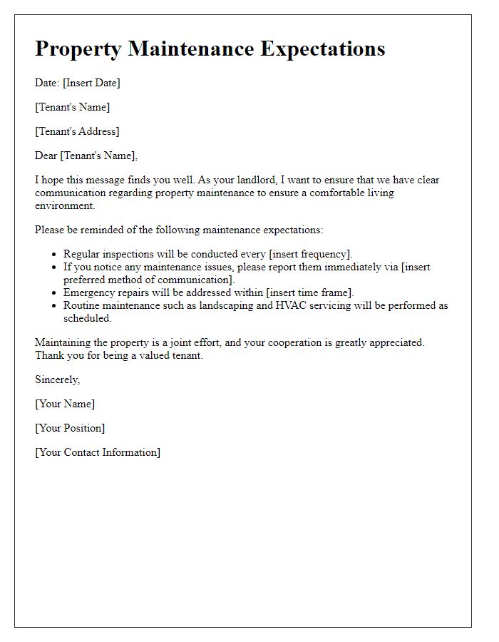 Letter template of tenant communication regarding property maintenance expectations.