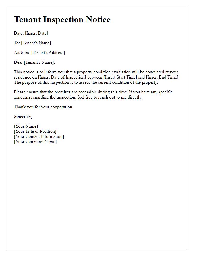 Letter template of tenant inspection notice for property condition evaluation.