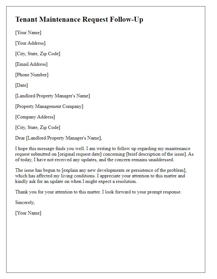 Letter template of tenant maintenance request follow-up for unaddressed concerns.