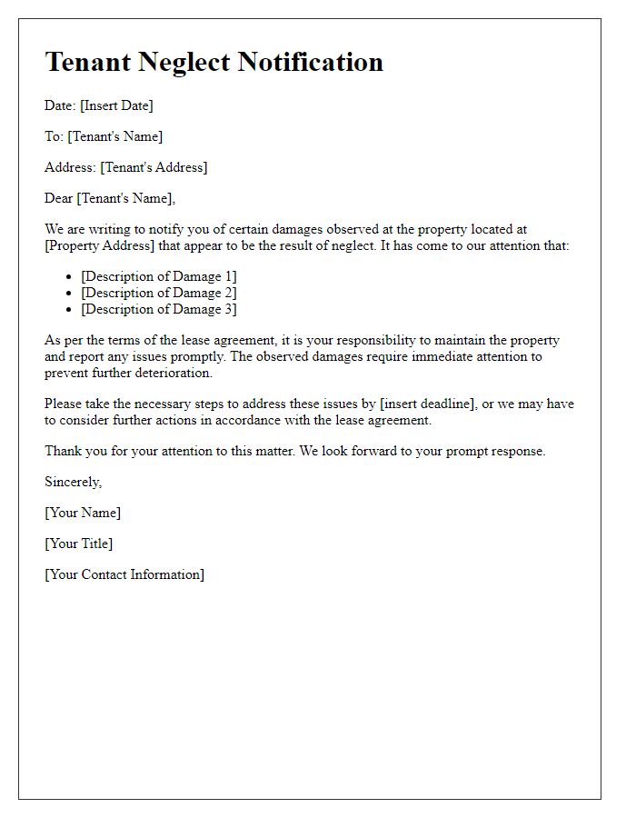 Letter template of tenant neglect notification for property damage.