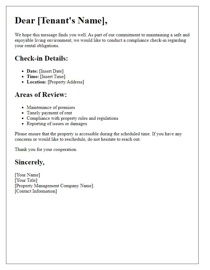 Letter template of tenant standards compliance check-in for rental obligations.